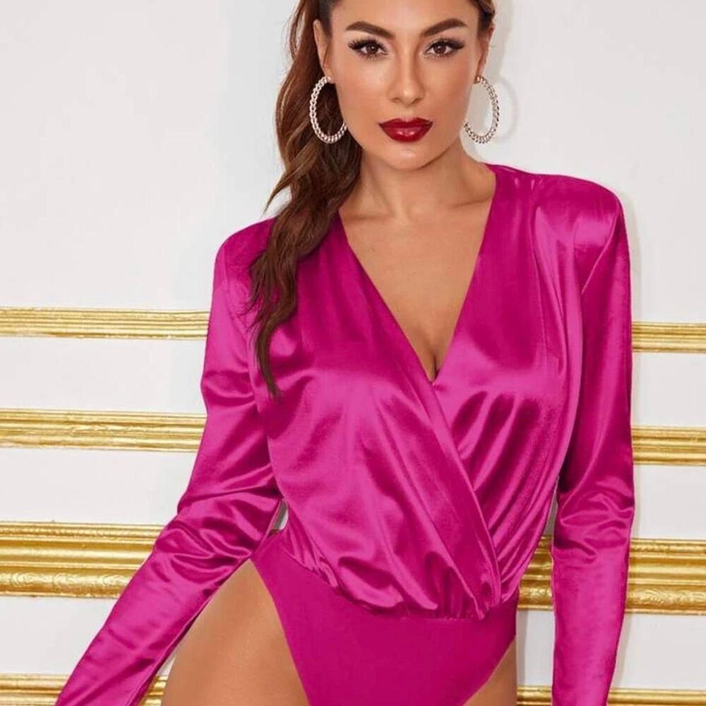 SHEIN BIZwear Pink Satin Long Sleeve Bodysuit Size 6 NWOT